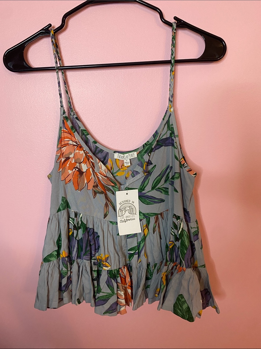 Patrons of Peace Sage Floral Ruffle Camisole with Orange & Purple Blooms